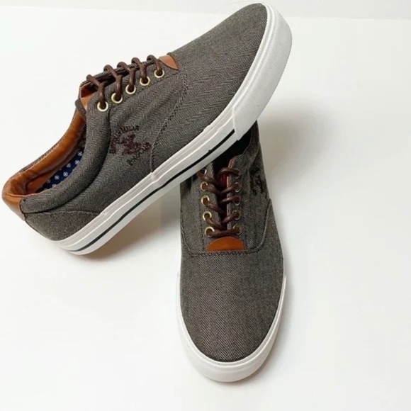 BHPC Brown Herringbone Pattern Canvas Lace Up Casual Men's Deck Shoes Size 12 - Picture 2 of 6